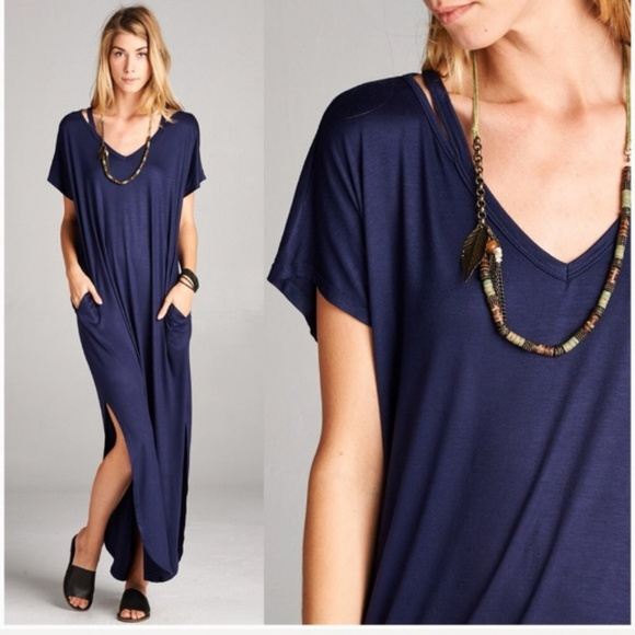 Dresses & Skirts - Navy Blue Cut-Out Shoulder Pocket Maxi